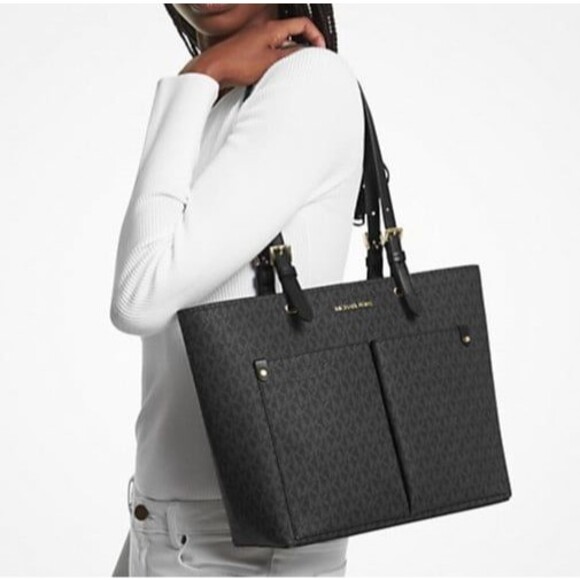 New Michael Kors Jet Set Travel Medium Double Pocket Logo Tote Black - Picture 3 of 5